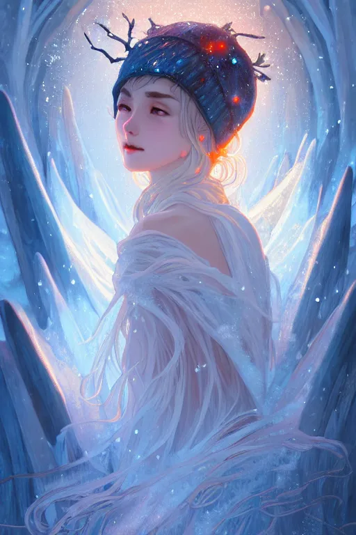 Image similar to beautiful ancient frost witch, flames around, snowy glow, snowfall, highly detailed, digital painting, artstation, sharp focus, illustration, art by tan zi and ayanamikodon and alphonse mucha and wlop