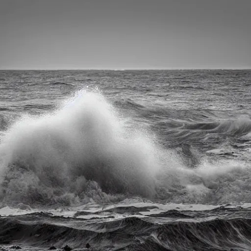 Image similar to dark ocean, towering waves, grey - scale, highly turbulent, deep focus, dark sky, high point of view