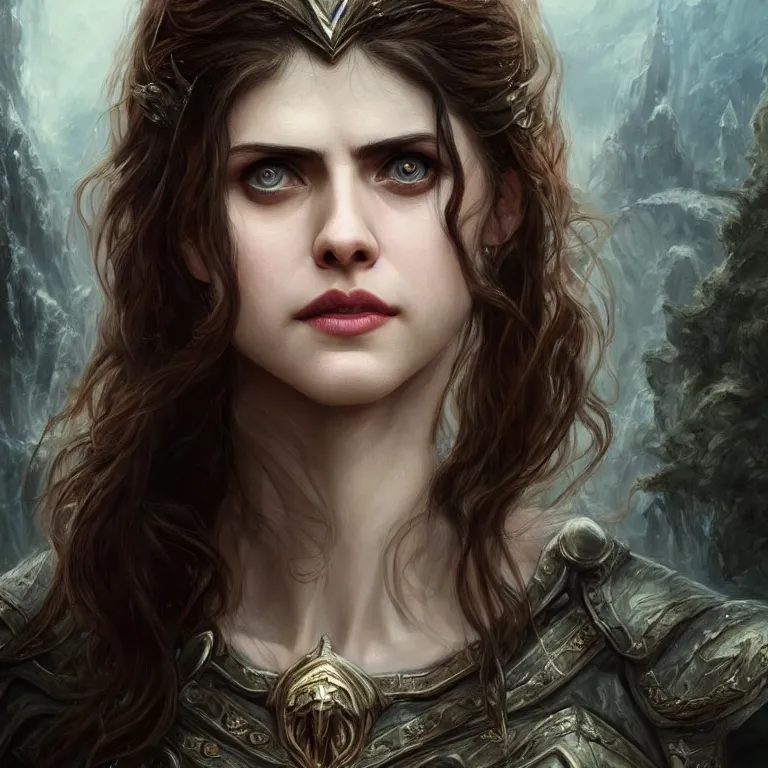 Image similar to beautiful cinematic fantasy poster with Alexandra Daddario from Middle-Earth, fantasy, portrait, sharp focus, intricate, elegant, digital painting, artstation, matte, highly detailed, concept art, illustration, ambient lighting, hybrid from The Elden Ring and art direction by Darius Zawadzki ;by artgerm; wayne reynolds art station; cinematic quality character render; low angle; ultra high quality model; production quality cinema model;