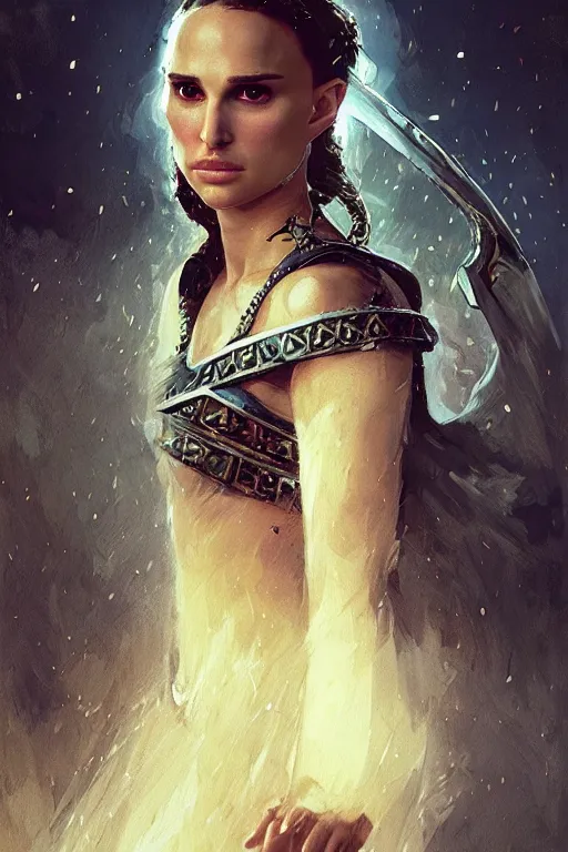 Image similar to natalie portman, legendary warrior, heroic, lord of the rings, tattoos, decorative ornaments, battle armor, by carl spitzweg, ismail inceoglu, vdragan bibin, hans thoma, greg rutkowski, alexandros pyromallis, perfect face, fine details, realistic shading photorealism