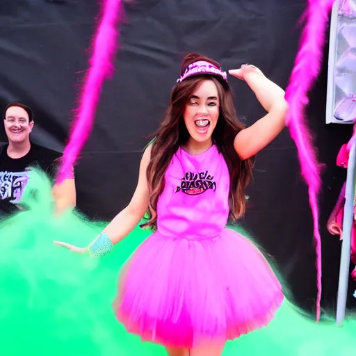 Image similar to Tiffany Day getting Nickelodeon slimed at Nickfest in a pink tutu and black boots