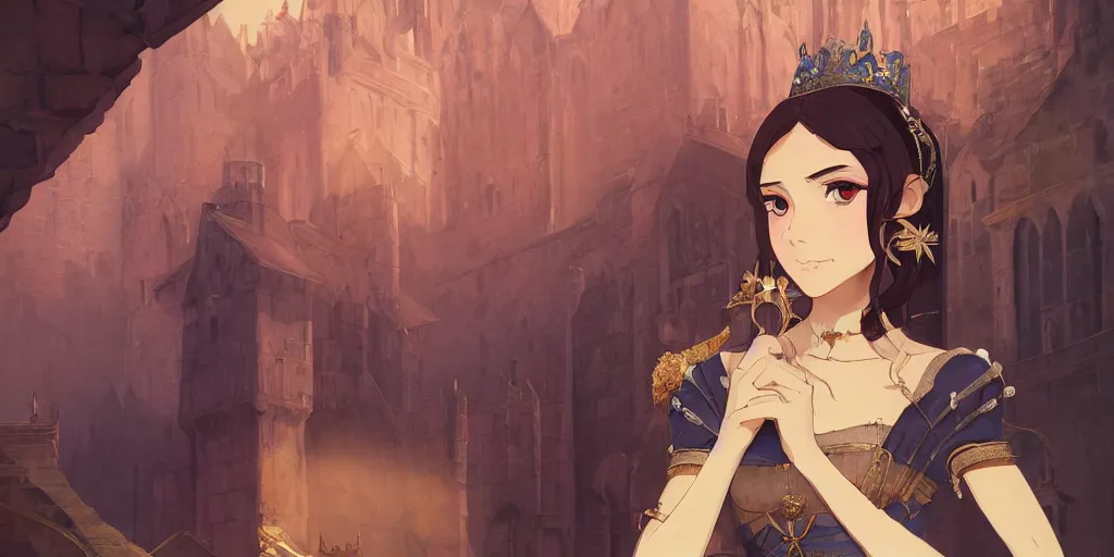 Image similar to portrait of elegant brunette as a medieval royalty, medieval castle background, shallow focus, rich vivid colors, ambient lighting, dynamic lighting, 4k, official media, anime key visual, makoto shinkai, ilya kuvshinov, lois van baarle, rossdraws, detailed, trending on artstation