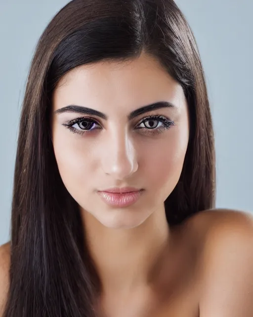 Image similar to a highly realistic, true to life portrait of a beautiful young middle eastern girl, with a symmetrical face, sharp focus, from the waist up, with sharp features, a beautiful face, soft smile, under studio lighting, taken with a canon eos camera with 1 3 5 mm focal length