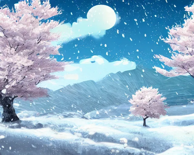 Image similar to snowy rocky field with a sakura tree, petals, cloudy, moodly lighting, snow in wind, illustration, by pine ( ハイネ ) and 薯 子 imoko and 香 川 悠 作 and wlop and maya takamura, highly detailed, trending artstation, pixiv, digital art