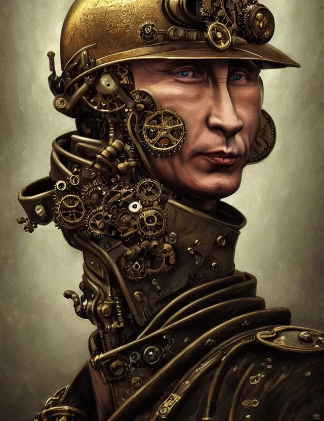 Image similar to a portrait of vladimir putin in a steampunk style, by moebius and tyler edlin and hr giger, trending on artstation, digital art, 4 k resolution, detailed, high quality, sharp focus, hq artwork, coherent, insane detail, concept art