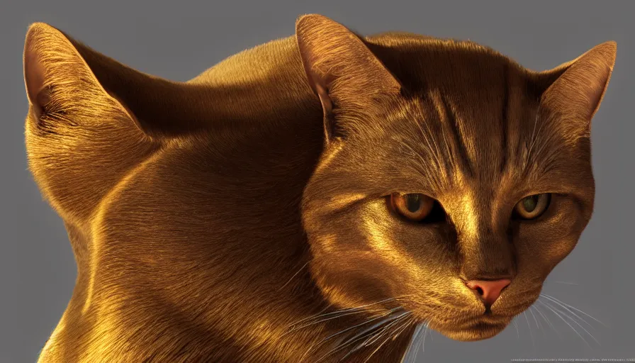 Image similar to Gold shiny cat with black eyes, volumetric light, hyperdetailed, artstation, cgsociety, 8k