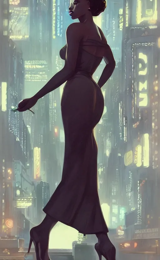 Image similar to an attractive young Black woman, clothed like a 1940s femme fatale, intricate, elegant, highly detailed, digital painting, film noir lighting, Blade Runner city background, trending on artstation, concept art, smooth, sharp focus, illustration, art by artgerm and greg rutkowski and alphonse mucha