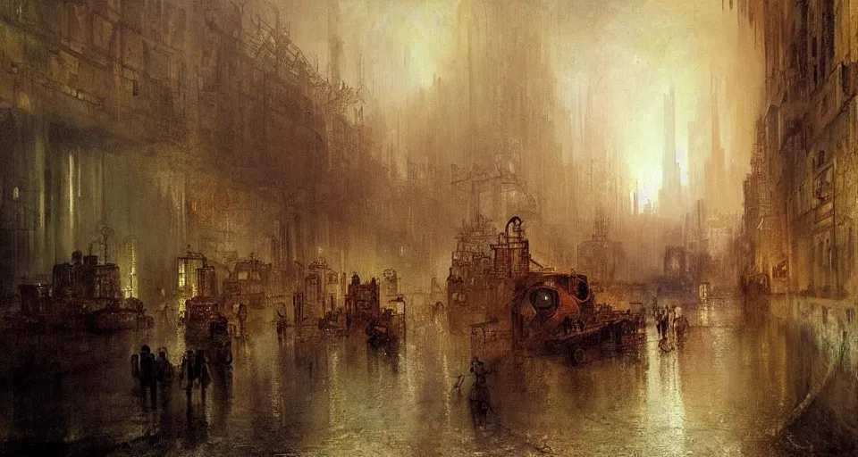 Image similar to illegal marketplace hidden in the sewers. steampunk, cyberpunk, soviet, oil on canvas by William Turner