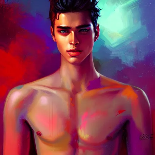 Prompt: colorful and festive captivating hot handsome shirtless guy with dark skin. rich vivid colors, ambient lighting, dynamic lighting, 4 k, atmospheric lighting, painted, intricate, highly detailed by charlie bowater
