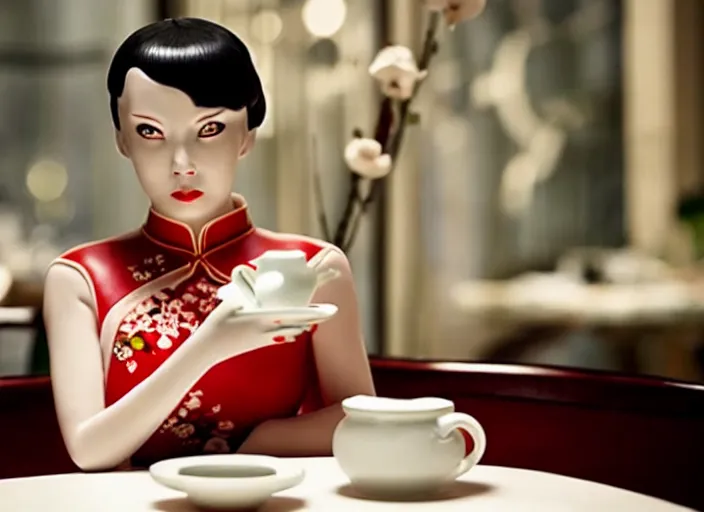 Image similar to movie still of a beautiful woman made out of porcelain sitting at a table in a cafe, wearing a red cheongsam, smooth white skin, creepy, directed by Guillermo Del Toro