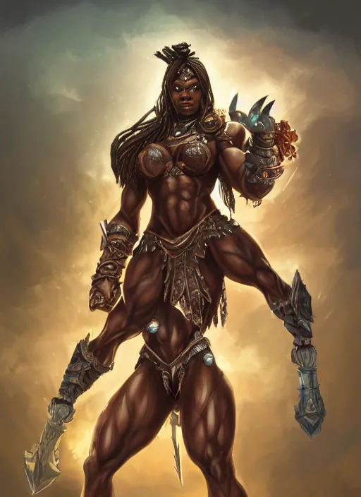 Image similar to a highly detailed illustration of an amazon heroine berserker african god of lightning, muscular, thunderous sky background, intricate, elegant, highly detailed, centered, digital painting, artstation, concept art, smooth, sharp focus, league of legends concept art, WLOP