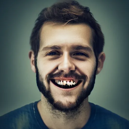 Prompt: photograph of smiling man with christian cross inside his mouth, 8k resolution, high detail, ULTRA REALISTIC VFX, reflections