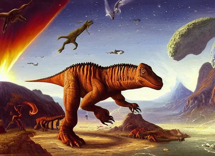 Prompt: earth during the cretaceous – paleogene extinction event, just as the asteroid is colliding with earth, dinosaurs from that era panicing and running in the far background, in the style of hudson river school of art, oil on canvas
