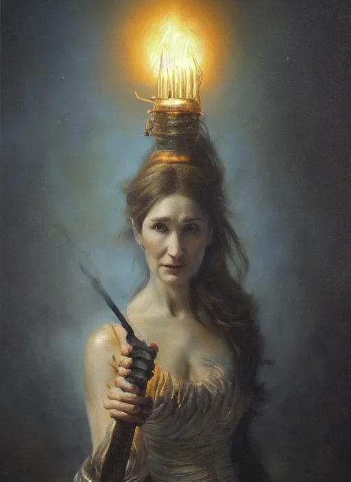 Prompt: realistic oil painting of carice van houten holding a torch, detailed, by rembrandt van rijn, lisa frank, hr giger, beksinski, anato finnstark!!, 8 k resolution, beautiful lighting, studio light, extremely detailed, establishing shot, realistic materials, hyperrealistic