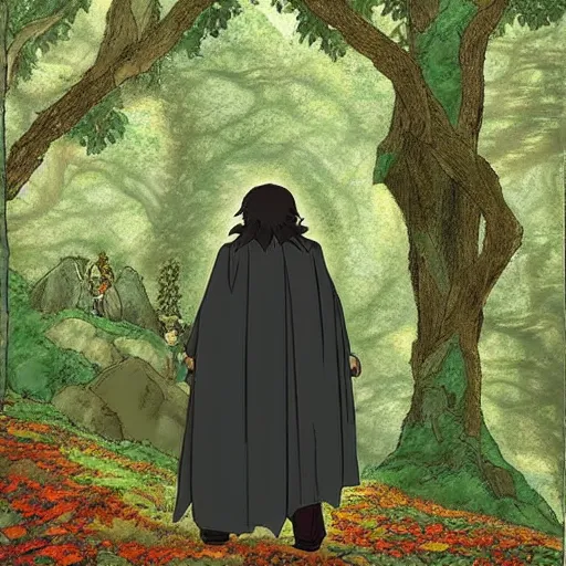 Image similar to peregrin took from the anime lord of the rings (1986), dark hair, green cape, hobbit, in the forest, studio ghibli, very detailed, realistic