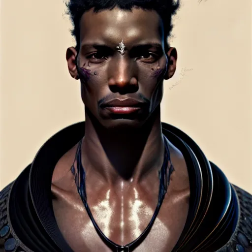 Image similar to portrait painting of a beautiful black man with blade scars and cropped hair wearing a tattered fancy black coat, ultra realistic, concept art, intricate details, eerie, highly detailed, photorealistic, octane render, 8 k, unreal engine. art by artgerm and greg rutkowski and charlie bowater and magali villeneuve and alphonse mucha