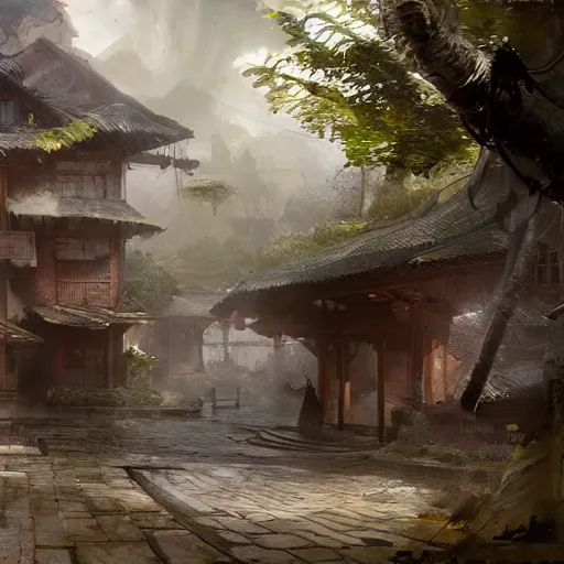 Image similar to the hidden rain village by renato muccillo, hubert robert, craig mullins, 8 k, hyper detailed.