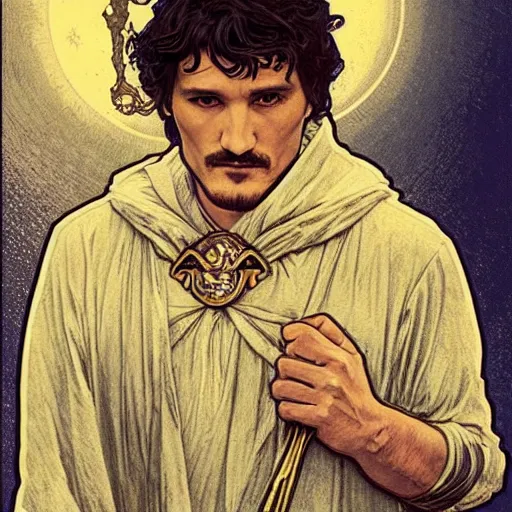 Image similar to pedro pascal portrait by louis - theophile hingre and alphonse mucha, realistic, sharp focus, zodiac signs, tarot cards, planets, ethereal, art nouveau, magic, moon, sun, crown, dreamy, royal, jewellery