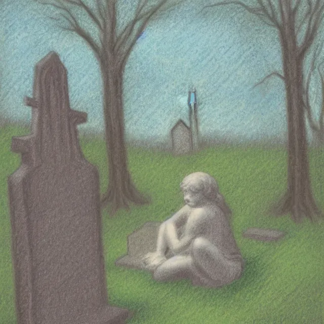 Image similar to statue of a crying angel sitting by a grave, graveyard with a church in a forest meadow landscape, pastel drawing