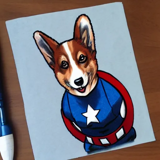 Image similar to corgi dressed as captain america, comic, professional art