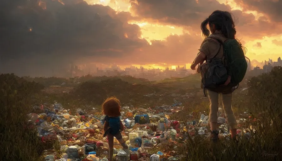 Image similar to poor detailed child with backpack looking for food at garbage dump, city is pure wasteland, moody sunset in background, greg rutkowski, alphonse mucha, trending on artstation, artgerm, unreal engine, breathtaking, award winning, highly detailed