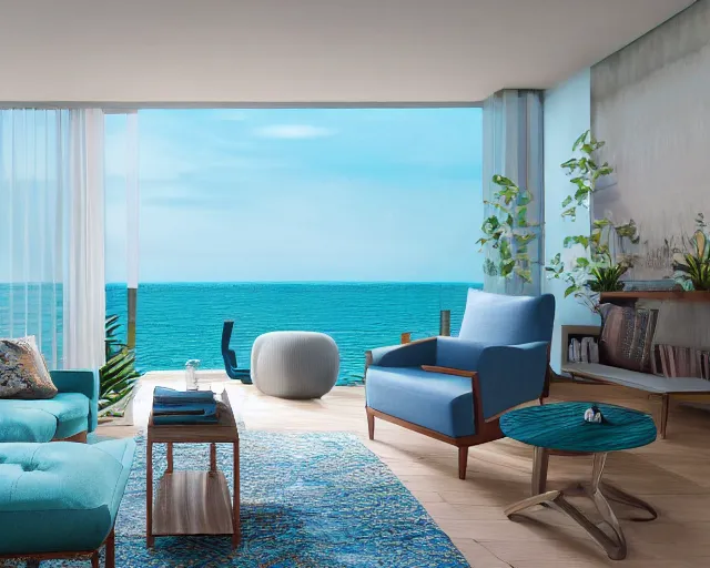 Prompt: A modern living room in a ocean hues style, inspired by the ocean, ocean view, luxurious wooden coffee table, calm, relaxed style, harmony, wide angle shot, 8k resolution