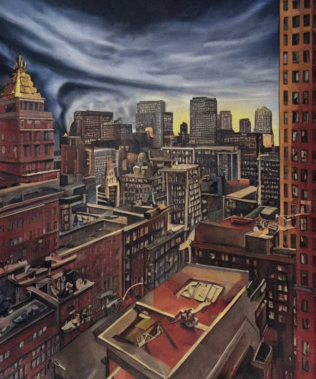 Image similar to horrifying full color photorealistic painting of a 1 9 2 5 hotel terrace overlooking a distored view of downtown boston with a cosmic sky, dark, atmospheric, brooding, smooth, finely detailed, cinematic, epic, in the style of lee gibbons