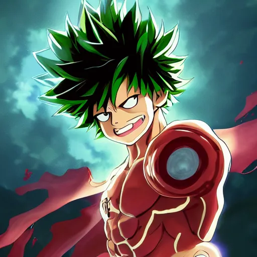 Image similar to izuku midoriya, demon slayer, lightning form, transparent, stern look, comic book thick outline, gta art, anime, d & d, highly detailed, digital painting, artstation, concept art, sharp focus, illustration, cinematic lighting, my hero academia, art by artgerm and greg rutkowski and alphonse mucha