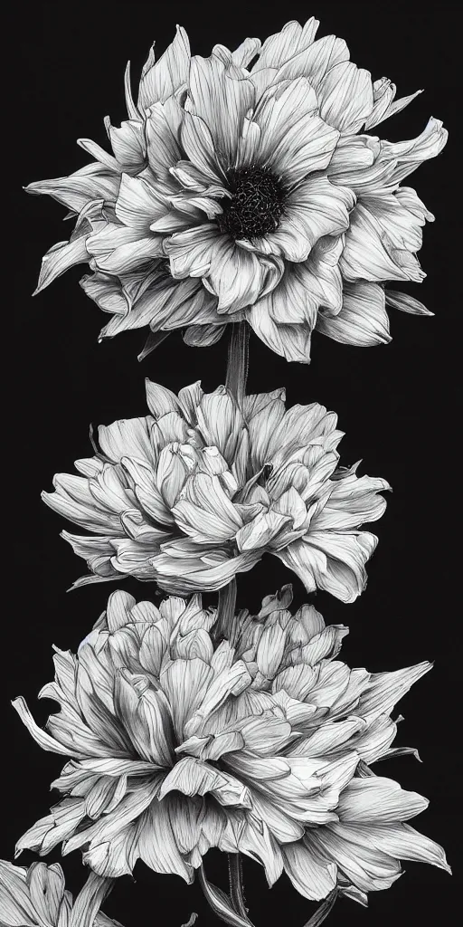 Prompt: highly detailed beautiful photography of flower, sharp focus, dramatic, dynamic, lighting, elegant, black background, harmony, beauty, masterpiece, by durero, by kim jung gi, pen draw