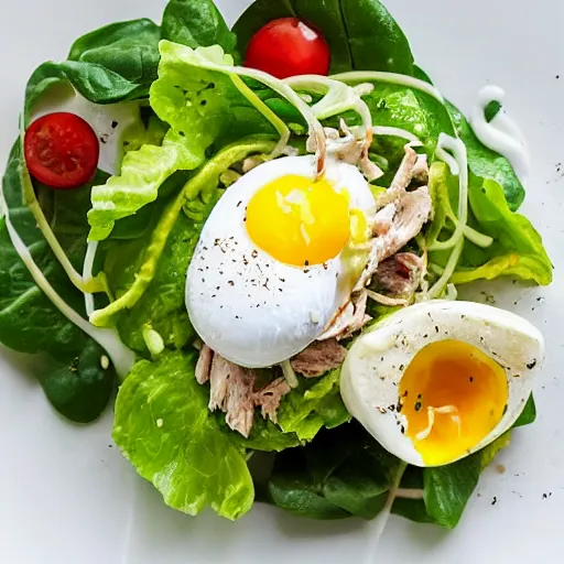 Image similar to chicken salad with avocado and poached egg, food photography