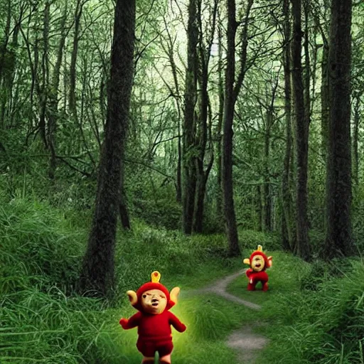 Prompt: teletubbies in the forest trail camera footage night