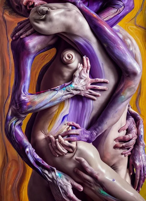 Prompt: a surreal biomorphic painting of two humanoid figures with extra limbs entwined in an embrace by jenny saville and charlie immer, draped in silky purple and gold, highly detailed, compassion, expressive paint strokes, emotionally evoking, rendered in octane, centred in image