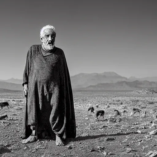 Prompt: award winning cinematic still portrait of distraught 85 year old Mediterranean skinned man in Ancient Canaanite clothing, crying with dark silhouette of a lamb on their face, beard, short hair, Just before sunrise. Desert mountain background. sad, depressed, lonely, Biblical epic directed by Steven Spielberg