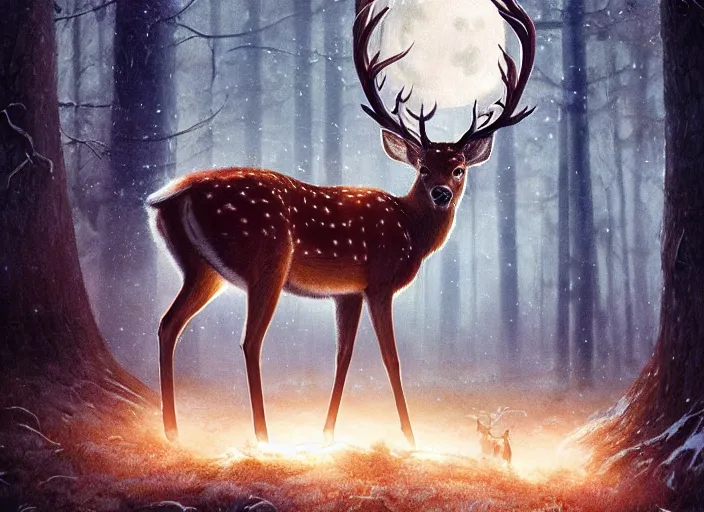 Image similar to deer with glowing antlers, moonlight, art by artgerm and greg rutkowski, cinematic shot, intricate, photorealistic, artstation, realistic, 1 0 0 mm, photography, octane, high definition, depth of field, bokeh, 8 k