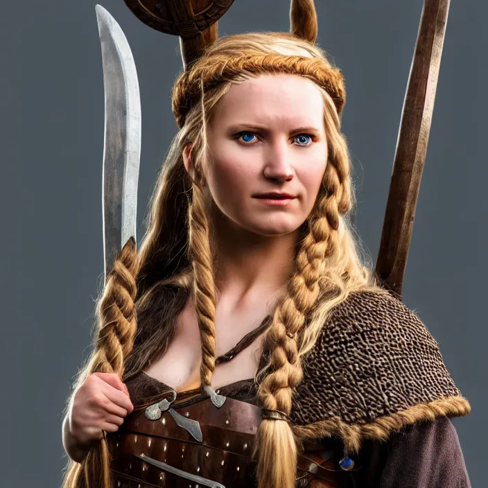 Image similar to full length photograph of a real-life female beautiful viking, Extremely detailed. 8k