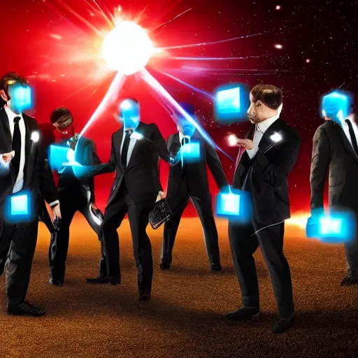 Prompt: ai fighting against men in black suits with black bioluminescent cubes as heads