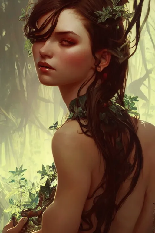 Prompt: a very beautiful savage girl, forest, fantasy, portrait, sharp focus, intricate, elegant, digital painting, artstation, matte, highly detailed, concept art, illustration, ambient lighting, art by ilya kuvshinov, artgerm, alphonse mucha, and greg rutkowski