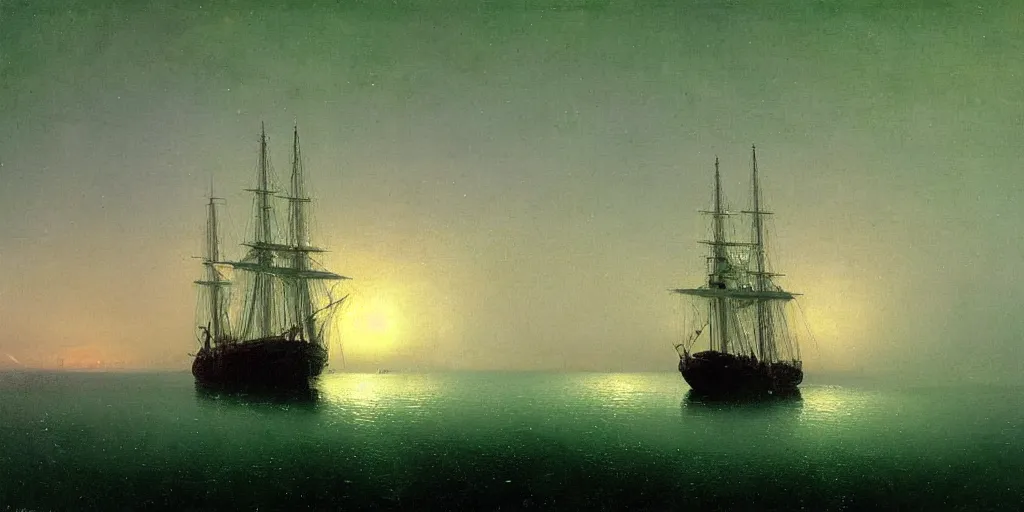 Prompt: “ a single three - masted sail ship beset in solid white ice, nighttime, aurora borealis, painting by ivan aivazovsky ”