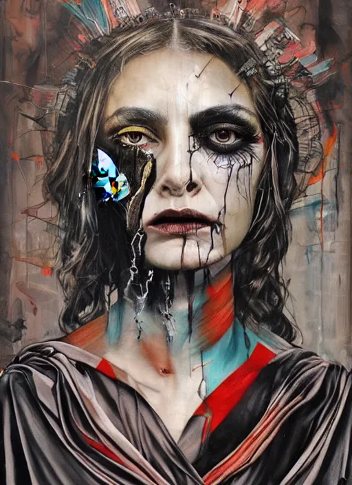 Image similar to cult magic psychic woman, subjective consciousness psychedelic, epic surrealism expressionism symbolism story iconic, dark robed witch, oil painting, robe, symmetrical face, greek dark myth, by Sandra Chevrier, Nicola Samori masterpiece