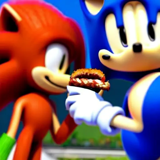 Image similar to a photograph of barack obama sharing a delicious chilli dog with sonic the hedgehog