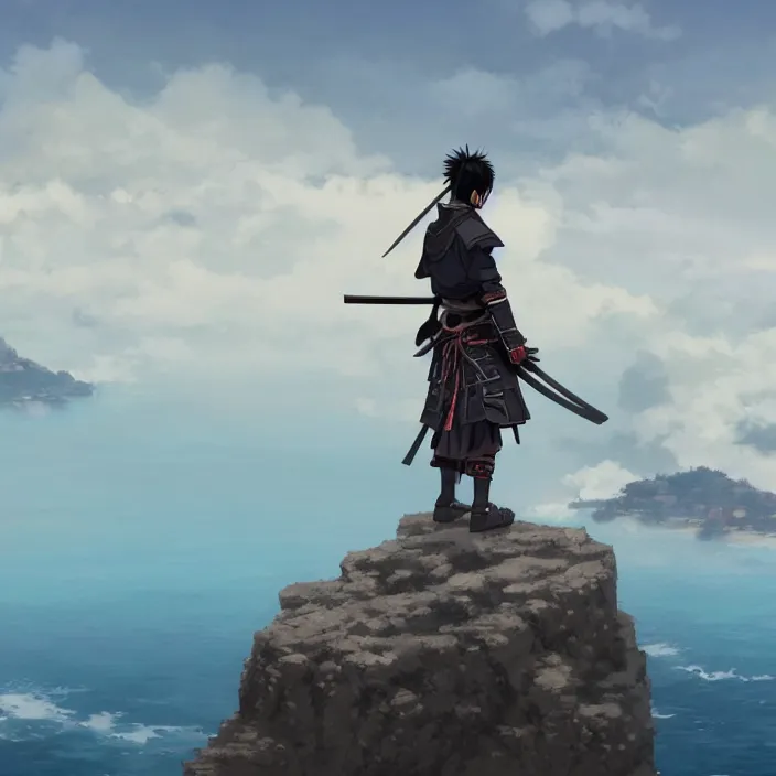 Image similar to an anime still of a ronin samurai standing on the edge of a cliff overlooking the ocean, confident looking, finely detailed features, perfect art, at an ancient castle, trending on pixiv fanbox, painted by greg rutkowski makoto shinkai takashi takeuchi studio ghibli, akihiko yoshida