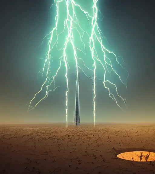 Image similar to electricity solution surreal neuron city tower, breaking the waves, made of crystalized synapse, aerial iridecent veins, moonbow, in the desert, foggy sky, dark starry night, octane render, unreal engine, pale colors, high detail, 8 k, wide angle, trending on artstation, behance