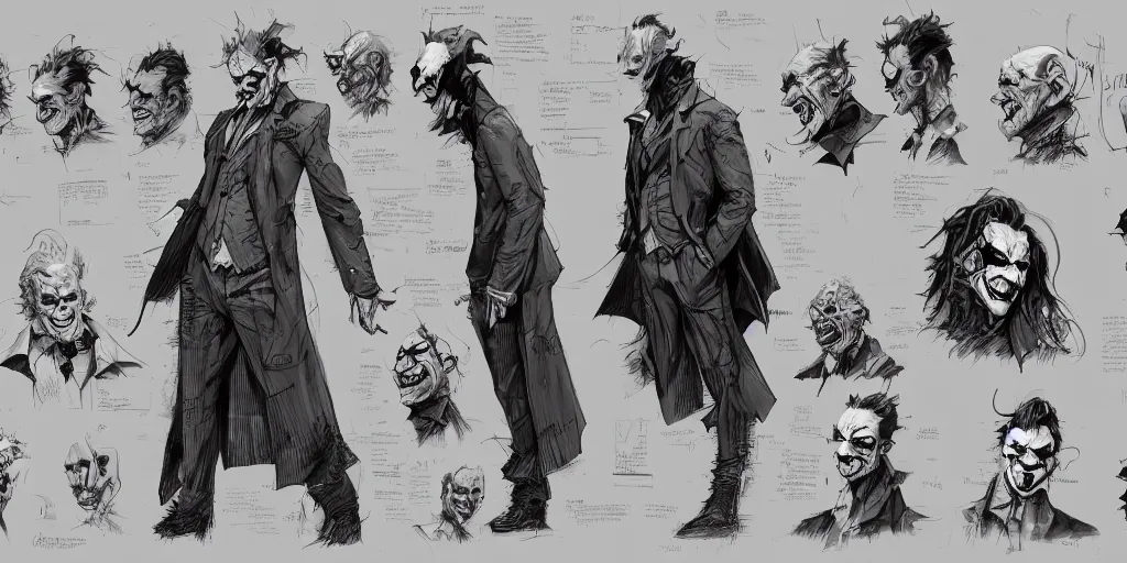 Image similar to the joker, character sheet, concept design, contrast, kim jung gi, greg rutkowski, zabrocki, karlkka, jayison devadas, trending on artstation, 8 k, ultra wide angle, pincushion lens effect