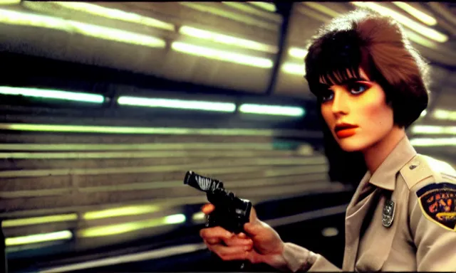 Prompt: full - color cinematic movie still from the 1 9 8 2 film blade runner depicting a very - attractive female police technician conducting the voight - kampff test. science - fiction ; gritty ; dystopian ; detective mystery. detailed facial - features.