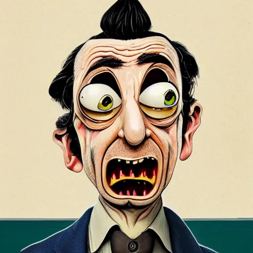 Prompt: mr. bean mad scientist psychopath, caricature, portrait by gaston bussierre and charles vess and james jean and erik jones and rhads, inspired by rick and morty, epic, funny, huge scale, beautiful fine face features, intricate high details, sharp, ultradetailed