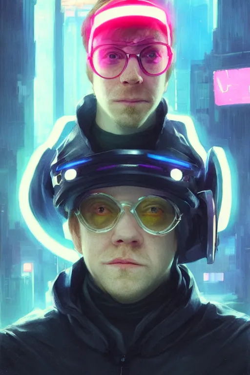 Prompt: portrait of Rupert Grint as Ron Wisly with visor in cyberpunk, neon lighting, night city, digital art from artstation by Ruan Jia and Mandy Jurgens and Artgerm and william-adolphe bouguereau and Greg Rutkowski
