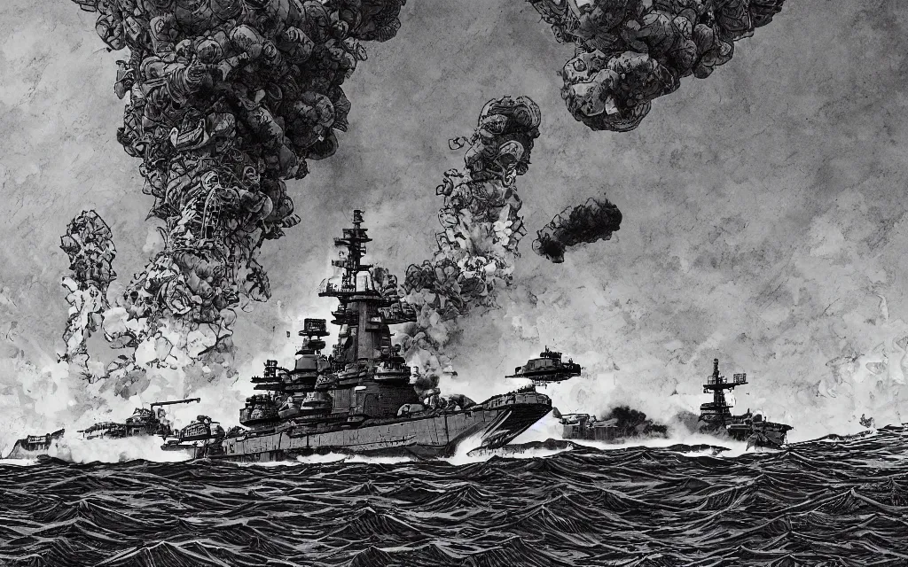 Image similar to japanese battleship yamato in front of huge nuclear explosion, in the style of james jean and laurie greasley, dynamic composition, dramatic lighting, ultra detailed