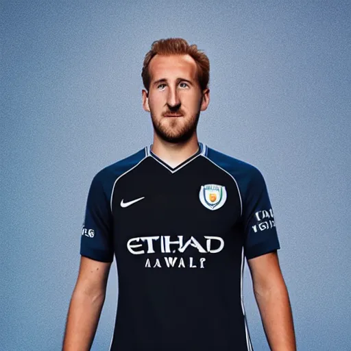 Prompt: a photograph of Harry Kane wearing a Manchester City jersey, black background, studio lighting