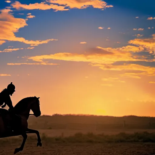 Prompt: ninja riding a horse toward sunset