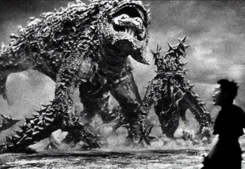 Image similar to a filmstill of pulgasari, kaiju starfish, monster movie, korean film noir, 1 9 5 0 s thriller, kim jong - il, in the style of rashomon and godzilla